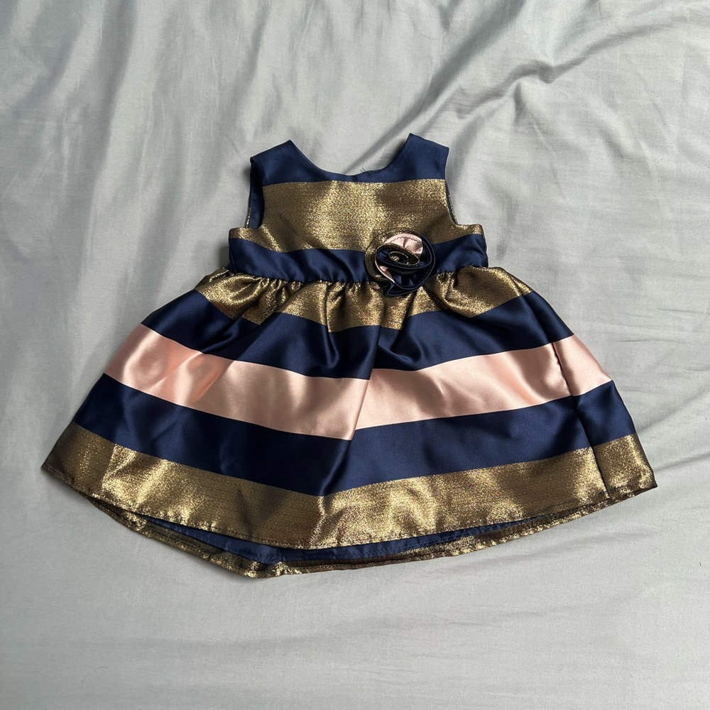 Elegant Navy and Gold Striped Kids Formal Dress